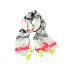 Load image into Gallery viewer, Neon stripes and pom pom scarf
