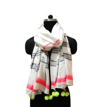 Load image into Gallery viewer, Neon stripes and pom pom scarf
